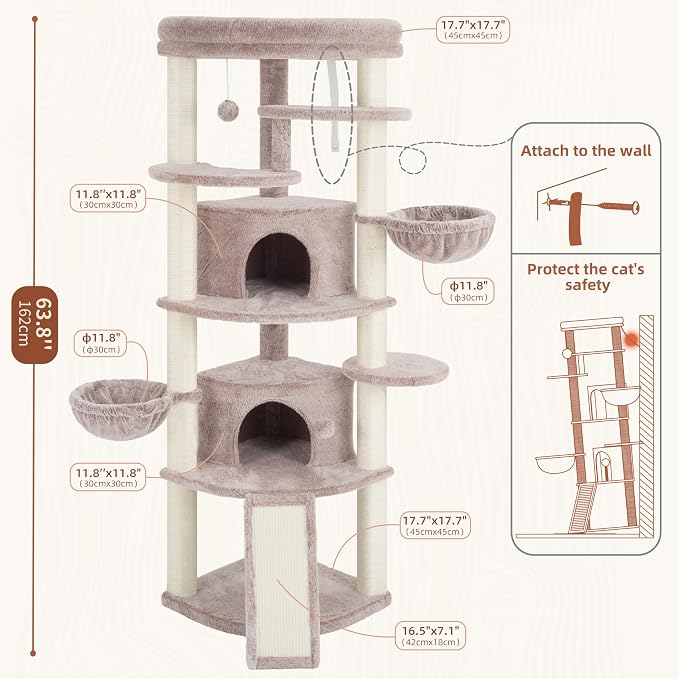 Corner Cat Tree, All Sisal Multi-Cat Scratching Posts GCT035MU | 63.8" Cat Tower for Indoor Cats with Cat Condo, 2 Large Cat Caves, Big Top Perch, 2 Hanging Baskets & Sisal Ramp, Muchroom