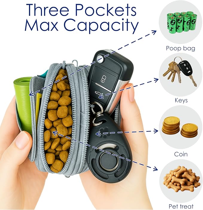 Raisingwell Dog Treat Pouch for Pet Walking and Training with Clicker Poop Bags and Three Bags Design Small Fanny Zipper Pack Holder for Puppy Snack Dispenser Kit for Leash and Outdoor Use (Green)