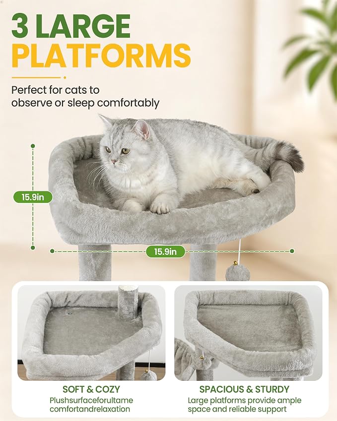 67in Cat Tree Tower for Indoor Cats, Multi-Level Light Grey | Climbing Tower with 3 Large Platform, 4 Scratching Posts, Hammock, Large Condo for Multiple Cats, Modern Cat Tree Furniture