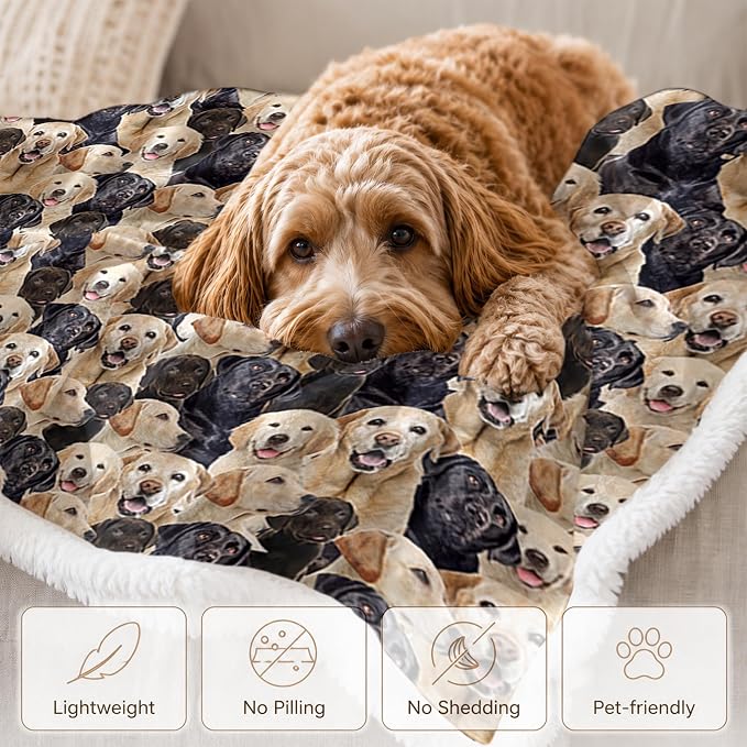 BlessLiving Labrador Retriever Throw Blanket with Dense Dog Patterns Black Golden Sherpa Fleece Blanket Couch Bed, Soft Cozy Warm Pet Blankets for Puppy Lovers Cute Animal Print Gift 50x60 Inches