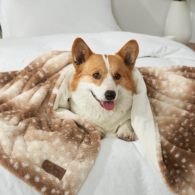 COZY KISS Waterproof Pet Blanket, Christmas Faux Fur Deer Print Blanket, Woman Sofa Bed Couch Throw, Liquid Pee Proof for Large Dog or Cat, Reversible, Washable, Ultra Soft, 40x60 inch, Brown