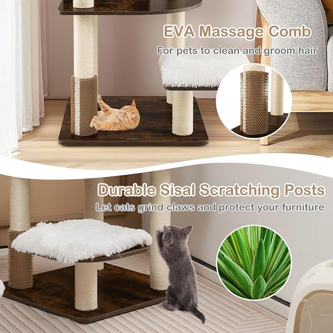 Tall Cat Tree for Indoor Cats, 71 Inches Multi-Level Modern Cat Tower with Plush Perch, Cozy Condo, Platforms, Sisal Scratching Posts, EVA Massage Comb & Removable Cushions (Brown)