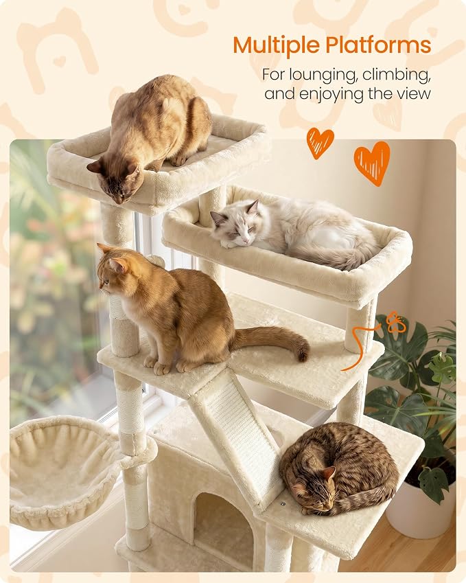 Feandrea 72.6-Inch Tall Cat Tree Tower for Indoor Extra Large Cats, Scratching Posts, Scratching Boards, Multi-Level Design, Beige UPCT014Y101S