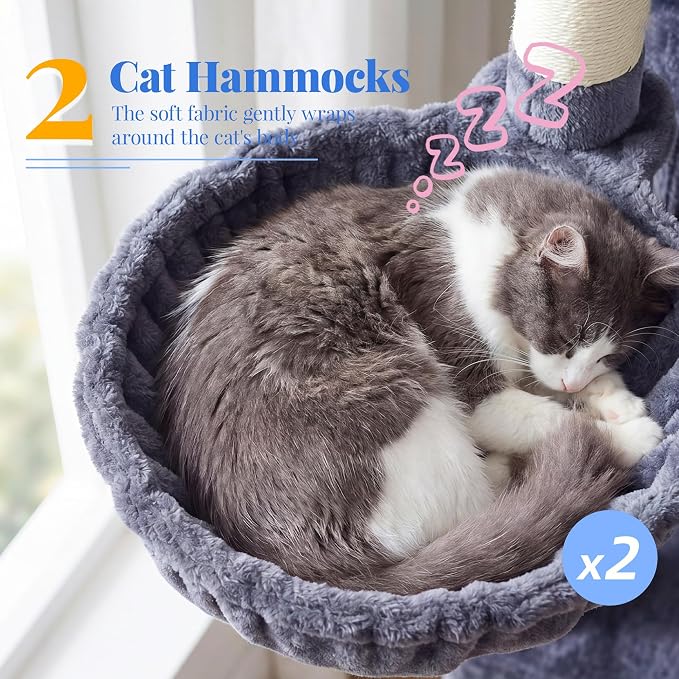 Hey-brother Cat Tree, Multi-Level Tower with 3 Condos, Hairbrush, MPJ035-MG | 74 Inches XL Large Scratching Posts for Indoor Cats and Kittens, 2 Wide Platforms, 2 Plush Baskets, Toy Balls, Smoky Gray