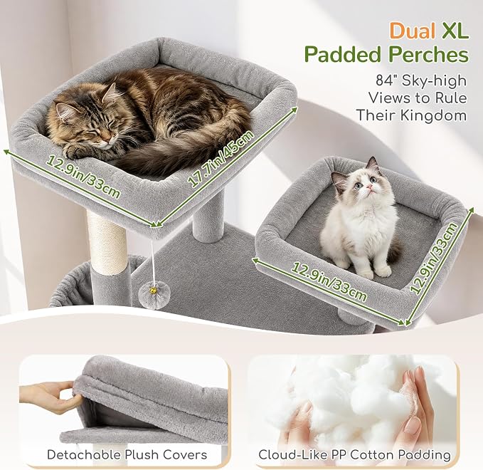 Globlazer 84in Extra Tall Cat Tree Tower for Indoor Large Cats 20lbs, F84G | Multi-Level Big Climbing Tower, 7 Scratching Post & Board, Cat Condos with Pad, 2 Soft Perches, 2 Sturdy Baskets, Light Grey