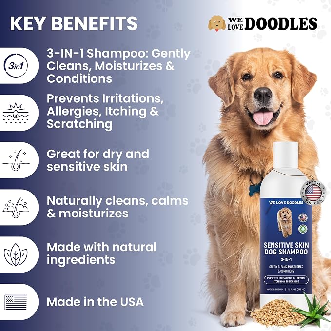 Dog Shampoo for Sensitive Skin with Oatmeal & Aloe, Hypoallegenic Tearless | Soothes Itching, Scratching & Allergies, Natural Sensitive Skin Dog Shampoo, Tear Free For Cats & Pets, 16OZ, Made in USA