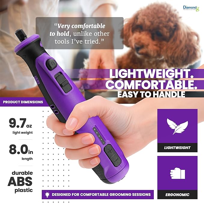 Diamondg Cordless Dog Nail Grinder - Quiet Sound with LED Light, Purple | 5-Speed Rechargeable Pet Nail Trimmer for Small & Large Dogs, USB-C Charging, 4hrs. Runtime, Painless Dog Nail Grinding Kit
