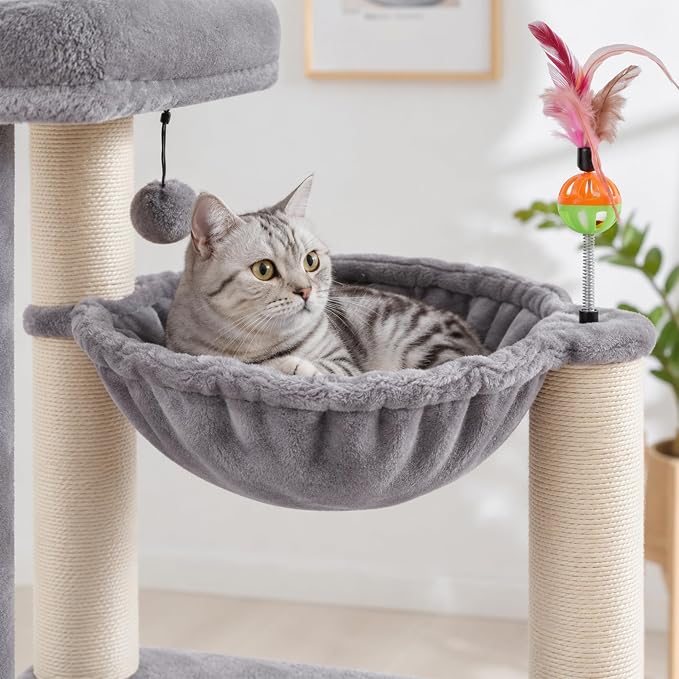 Multi-Level Cat Tree for Indoor Cats, Cat Tree Tower with Big Cat Hammock Indoor Climbing Activity Tower with Scratching Posts, Grey