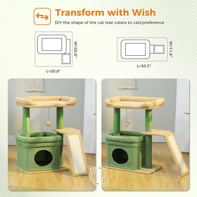 PEQULTI Cat Tree for Small Medium Cats, Green Cat Tower for Indoor Cats | Private cozy cat condo,soft top perch, natural sisal scratching posts & plush pom-pom toy