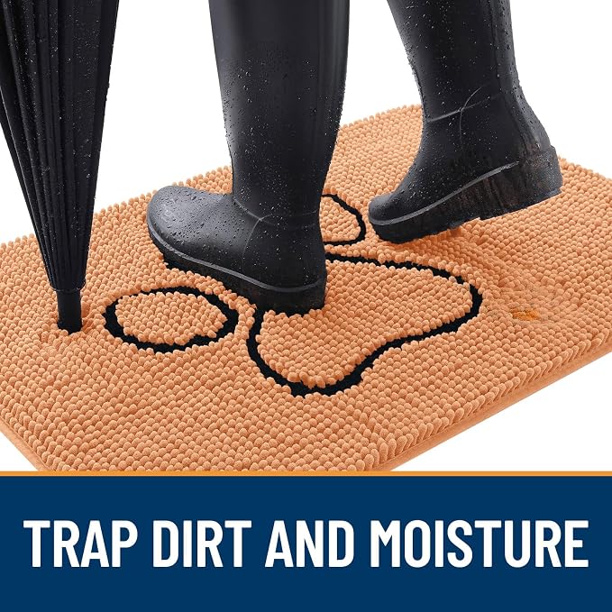 OLANLY Dog Door Mat for Muddy Paws 48x30, Paw Print Design Chenille Mud Mat | Orange, Absorbent, Traps Moisture and Dirt, Non-Slip Washable Doormat, Quick-Drying Indoor Entryway Floor Carpet for Dogs