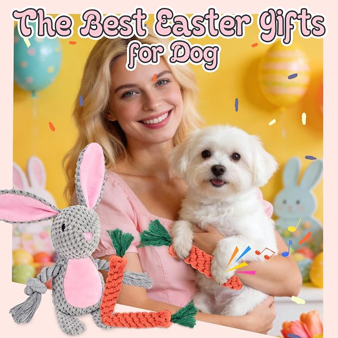 3 Pack Easter Bunny Dog Toys, Easter Squeaky Rabbit & Carrot Dog Gifts for Puppy, Small, Medium, Large Dogs
