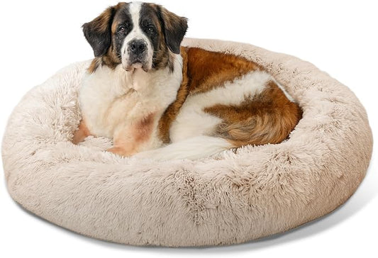 Best Friends by Sheri The Original Calming Donut Dog Bed for Extra-Large Dogs up to 150 lbs, Shag Faux Fur, Taupe, 45" x 45"