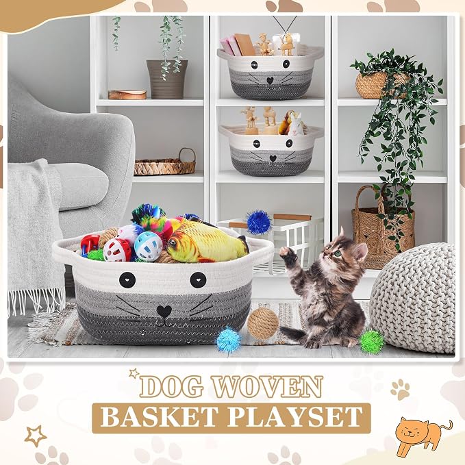 Zopeal 58 Pcs Summer Cat Storage Basket Gift Toys Set, Colorful Flashing Balls Pet Bell Crinkle Balls Spring Toys Attract Cat to Swat, Hunt, Interactive for Pet(Multicolor,9.8 Inch)