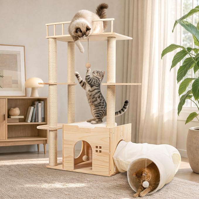 45 Inch Solid Wood Cat Tree, Modern Cat Tower for Indoor Cats, Cat Condo with Single Tunnel, Sisal Scratching Posts, High Perch Platform, Washable Cushion, Hanging Balls, Natural