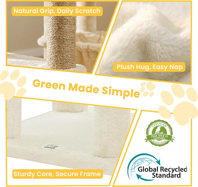 65" Cat Tree Tower, Anti-Tip Cat Condo for Indoor Cats VCT012MJ | Cat Furniture with Extra Wide Baseboard & Large Perch, 2 Hammocks, Cozy Condo, 7 Sisal Scratching Posts, Beige