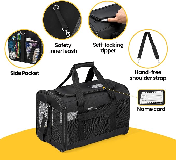 Conlun Dog Carrier Soft Sided, Large Cat Carrier with Inner Safety Leash, Pet Transport Carrier for Large Cats and Medium Dogs up to 20 Lbs, Collapsible Travel Puppy Carrier Bag -Black L