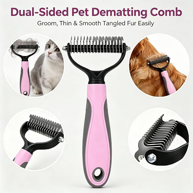 Pet Grooming Brush - Double-Sided Dematting Comb & Deshedding Tool for Dogs and Cats, Effortless Hair Removal, Ideal for Long-Haired Breeds, Reduce Shedding (1, Pink, Large)