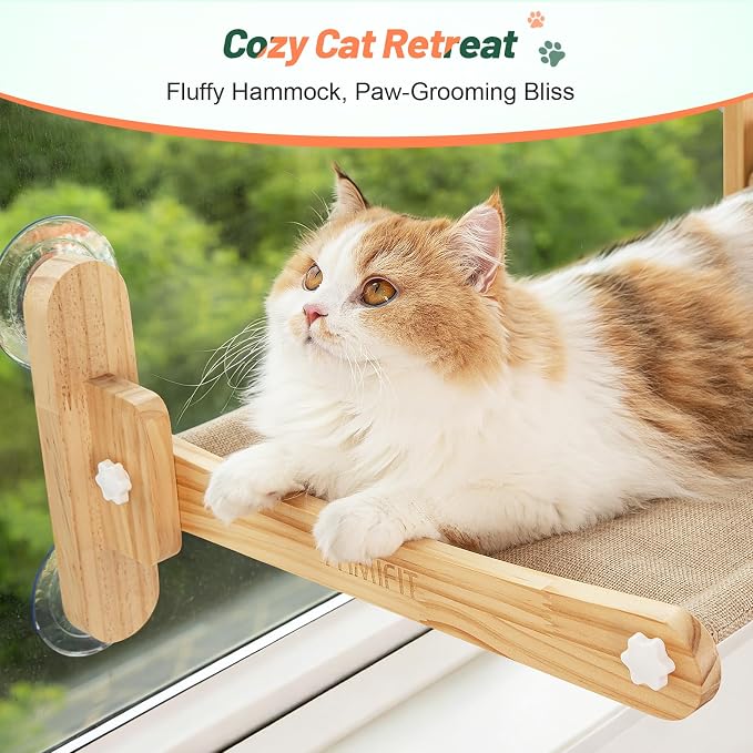 Large Foldable Cat Window Perch - Natural Pine Cat Sill Seat, 50LBS Heavy Duty Cordless Design, Space-Saving No-Scratch Window Hammock for Indoor Cats