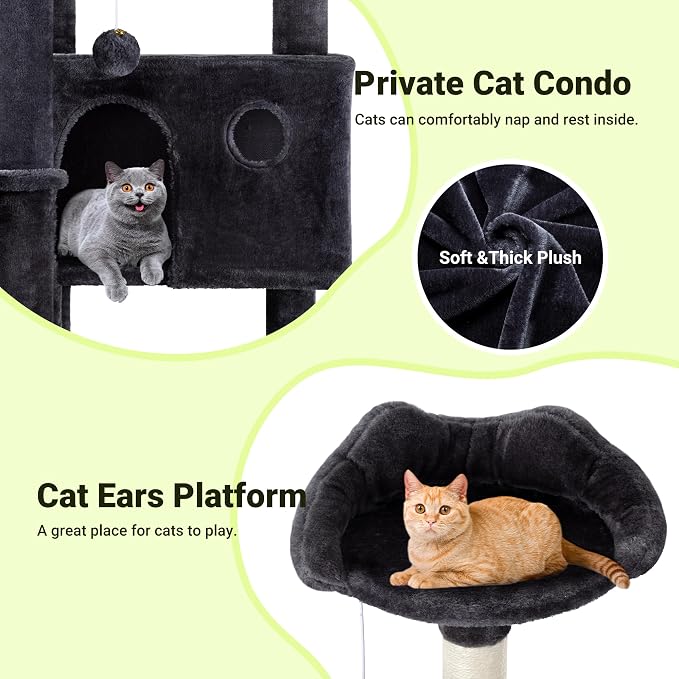 Allewie 64 Inches Multi-Level Cat Tree Tower for Indoor Cats, Dark Grey | Activity Center for Big Felines, 2 Plush Condos, 2 Perches, Cozy Basket, House, Sisal Scratching Posts, Hanging Cat Toys