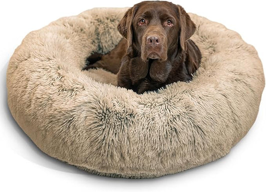 Best Friends by Sheri The Original Calming Donut Dog Bed for Large Dogs up to 100 lbs, Shag Faux Fur, Taupe, Large, 36" x 36"