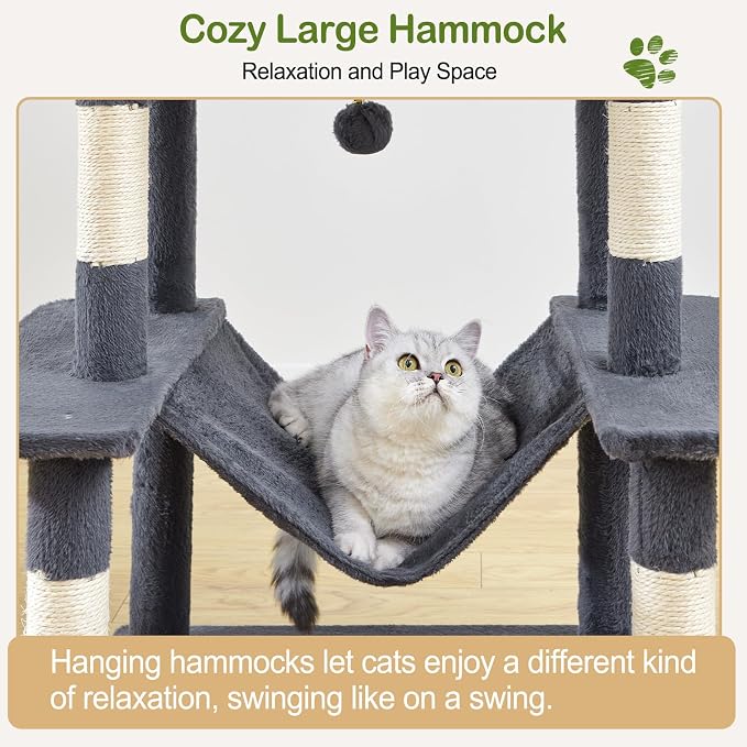 74in Cat Tree Tower for Indoor Cats, Multi-Level Design Dark Gray | 2 Roomy Condos, 2 Cozy Baskets, 2 Padded Perches, 9 Sisal Scratching Posts, Hammock, Hanging Toys, Wide Base, Easy Assembly
