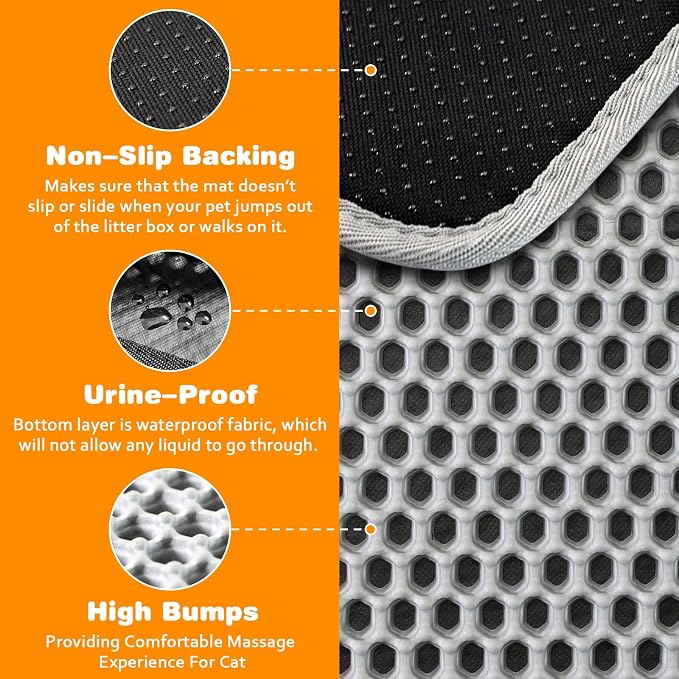 Cat Litter Mat 27"x46",Double Layer EVA litterbox Mat, Black | Waterproof honeycomb large grid, urine-proof and odor-free. Traps litter, easy cleanup,Washable, non-slip backing