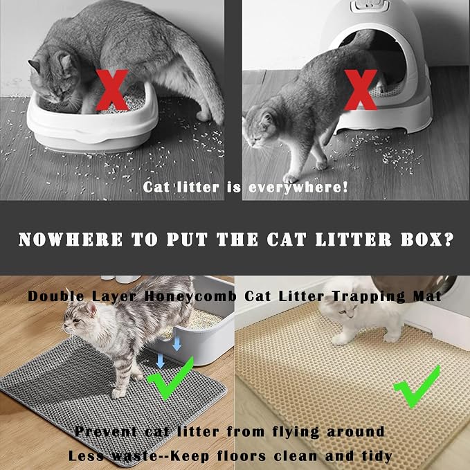 HCY&WLD 2-Pack Cat Litter Mat, Double Layer Honeycomb Waterproof Urine Proof Non-slip Litter Trapping Mat, Less Waste, Easy to Clean Cat Litter Box Mat, Kitten Indoor Supplies (Gray, 20x16 Inches)