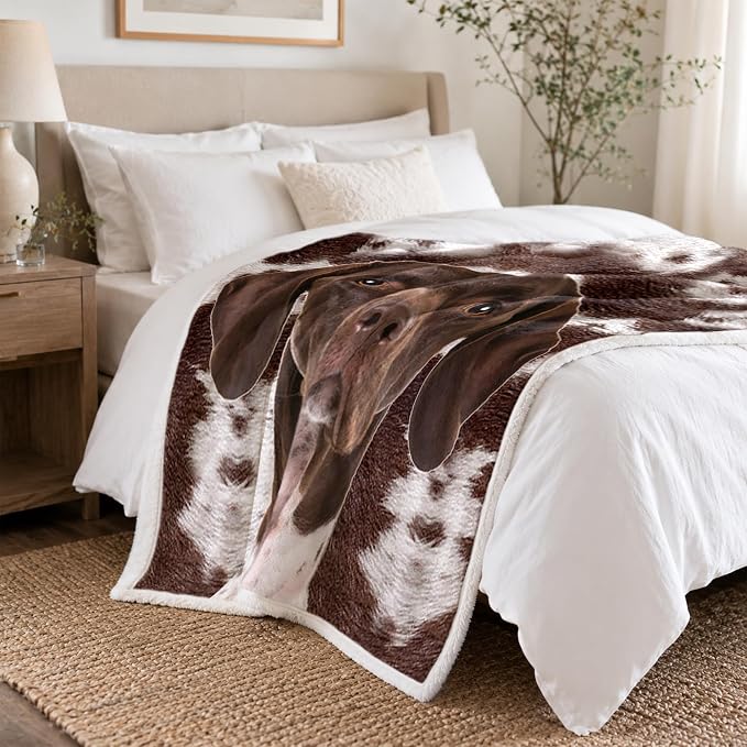 BlessLiving Throw Blanket, Brown Dog Animal Gift, 50x60 Inches | sherpa fleece fabric, German Shorthaired Large Pet Blankets Puppy print, for couch or sofa, pet lovers, easy machine care