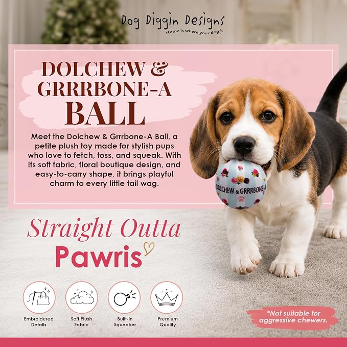 Dog Diggin Designs Dolchew & Grrrbone Plush Squeaky Dog Toy Ball | Luxury-Inspired Parody Designer Ball with Squeaker, Soft Plush Fetch Dog Toy – Prêt-à-Porter Play!