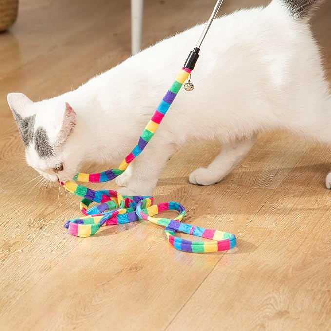 FYNIGO Cat Wand Toys for Indoor Cats, 2 Pack Rainbow Teaser Wand with 55 Inch Plush String, Bell and Sturdy Flexible Pole, Interactive Kitten Toy for Exercise and Chase Play