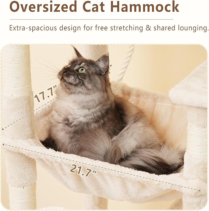 Heybly 64.2" Heavy-Duty Cat Tree for Large Cats with Wide Base HCT027M | Indoor Cat Tower with Scratching Posts & Board, Cat Furniture with Big Platforms, Extra-Large Hammock, Beige