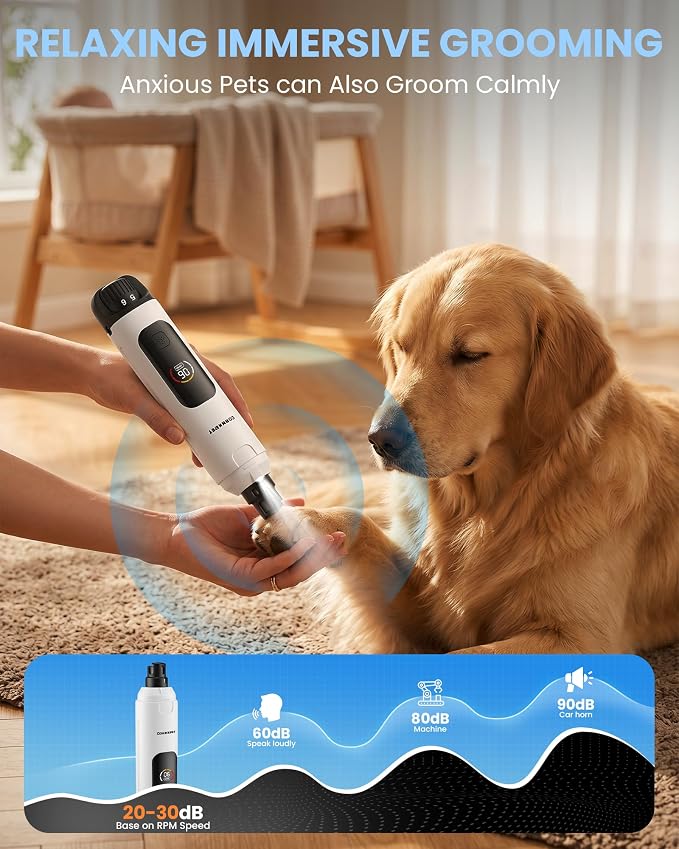 Dog Nail Grinder with New LCD Display,25dB Quiet 6-Speed Dog Nail Trimmer Avoid Anxiety,1.5H Fast Charge,2 LED Safe Lights,50% More Power - Painless Pets Nails Grinding - White