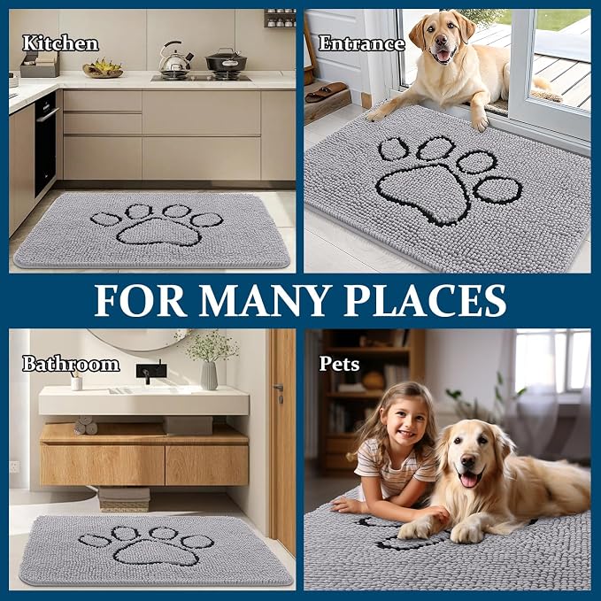 OLANLY Dog Door Mat for Muddy Paws 36x24, Paw Print Design Chenille Mud Mat | Light Grey, Absorbent, Traps Moisture and Dirt, Non-Slip Washable Doormat, Quick-Drying Indoor Entryway Floor Carpet for Dogs