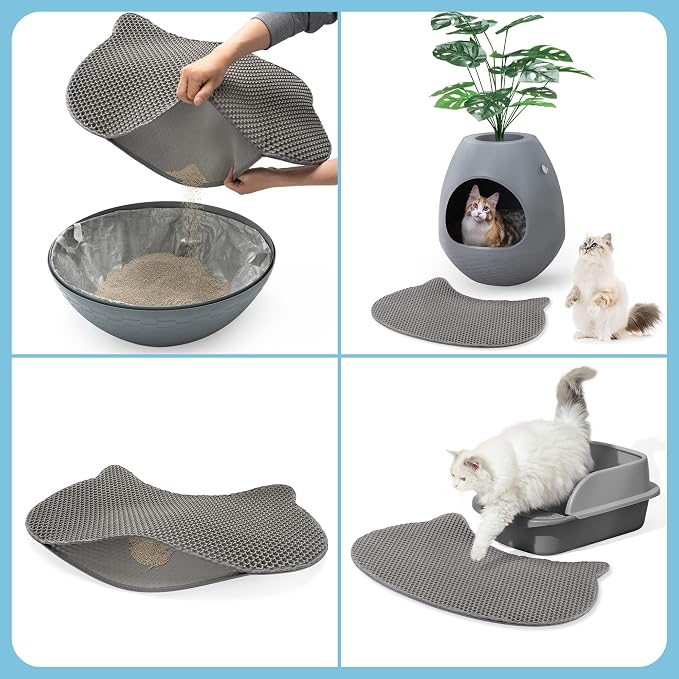 Eggloa6 Kitty Head Cat Litter Mat, Waterproof Double Layer Litter Trapping Mat for Felines, Soft EVA Honeycomb, Easy to Clean, Dark Gray