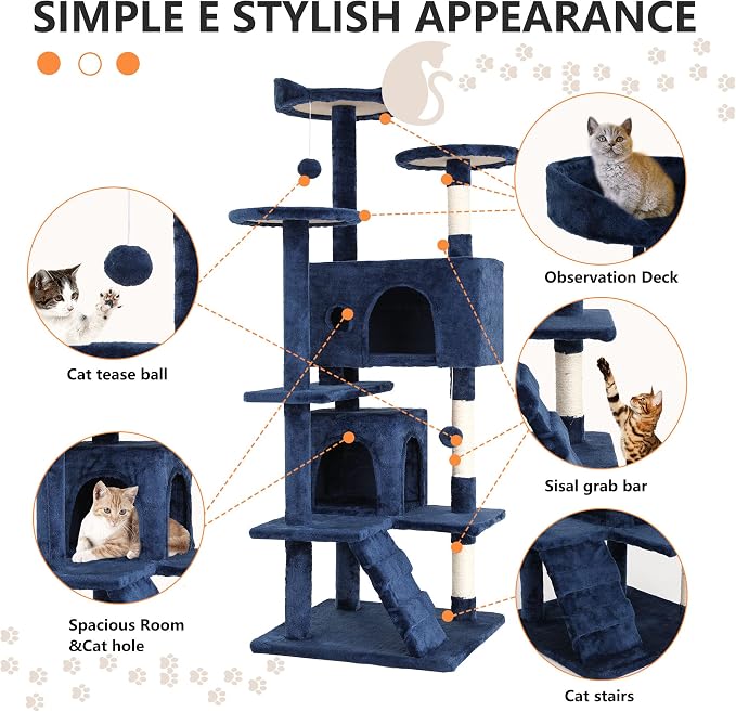 BestPet | 54" Cat Tree Tower | Navy Blue | Sturdy Multi-Level Cat Tree | with Plush Condo, Cozy Perch, Sisal Scratching Posts, Hanging Toy and Stable Frame | Easy Assembly | for Kittens & Adult Cats