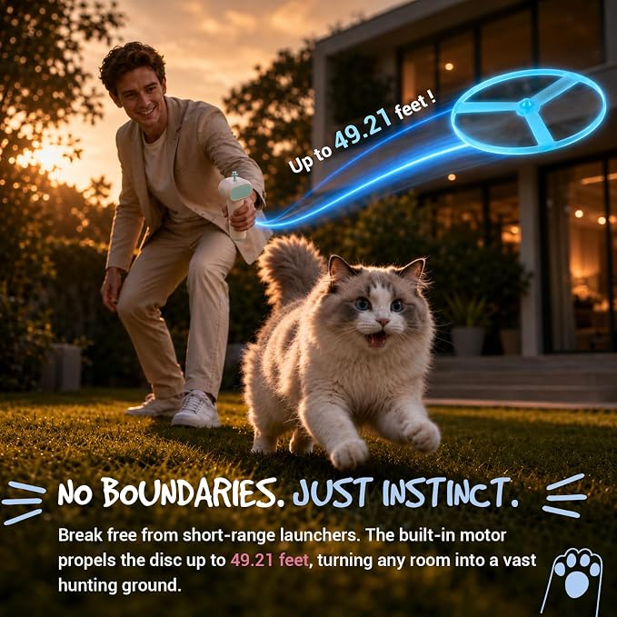 Flying Disc Launcher Cat Toy, Rechargeable Large Capacity & Up to 20m Range | Interactive Cat Fetch Hunting Tracking Toy with 5 Soft & Flexible Discs, Flying Disc Toy for Indoor Bored Kitten & Adult Cat