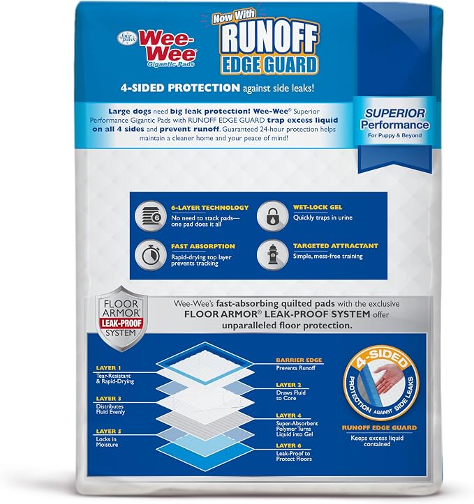 Four Paws Wee-Wee Superior Performance Pee Pads for Dogs with Runoff Barrier Edge Guard Protection, Puppy & Dog Potty Training Pads, Housebreaking Pet Supplies, 27.5" x 44" (8 Count)
