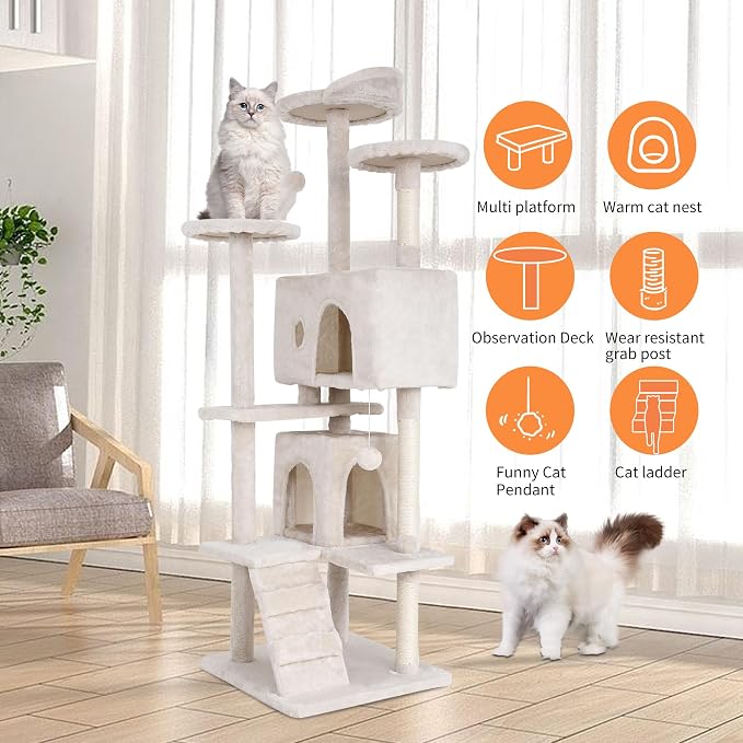 BestPet | 70" Cat Tree Tower | Beige | Sturdy Multi-Level Cat Tree | with Plush Condo, Cozy Perch, Sisal Scratching Posts, Hanging Toy and Hammock | Easy Assembly | for Kittens & Adult Cats