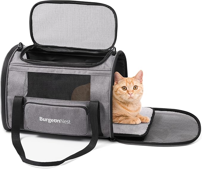 BurgeonNest Pet Carrier for Large Cats, Soft-Sided Cat Carrier for Big Cats and Small Dogs Up to 20 lbs, Top Loading Collapsible Escape-Proof Travel Cat Bag with 4 Mesh Windows & Side Storage, Grey