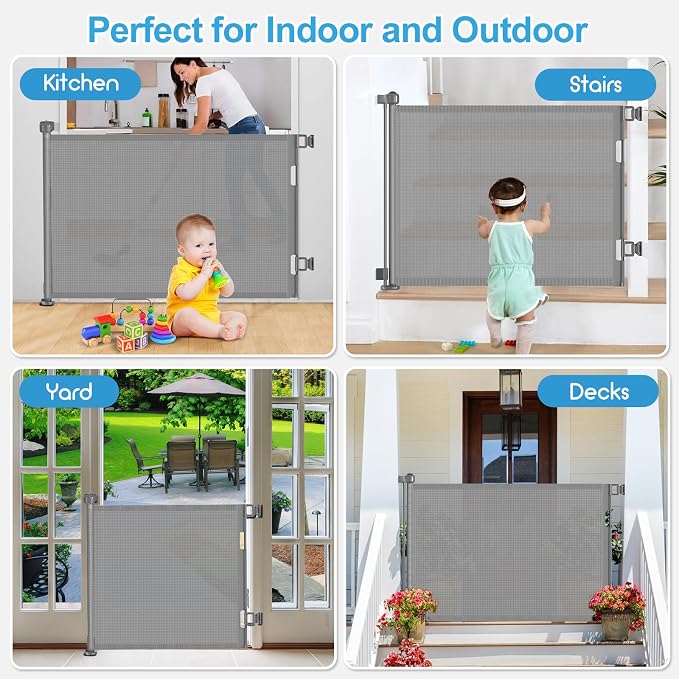 55 inch Retractable Baby Gates, EZIGO Extra Wide Baby Gate for Large Opening Extra Long Mesh Gate for Kids or Pet Dog Gate Child Safety Gate for Stairs Hallways Doorway Indoor Outdoor, Gray