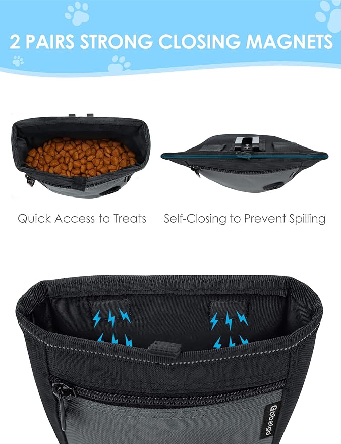 2 Cup Dog Treat Pouch with Training Clicker(Black/Gray) | 2 Pair Magnetic Closures, Zipper Pocket with Poop Bag Holder, Waist Belt & Metal Clip to Wear for Pet Training/Daily Walking