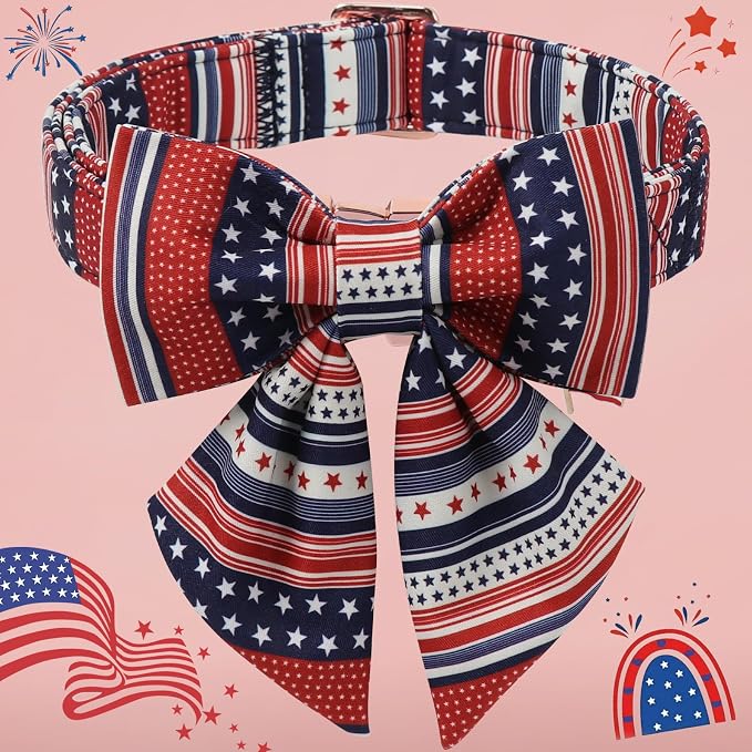 American Flag 4 of July Dog Bow Collar, Independence Day Adjustable Patriotic Dog Collar with Sailor Bowtie for Large Dogs,L