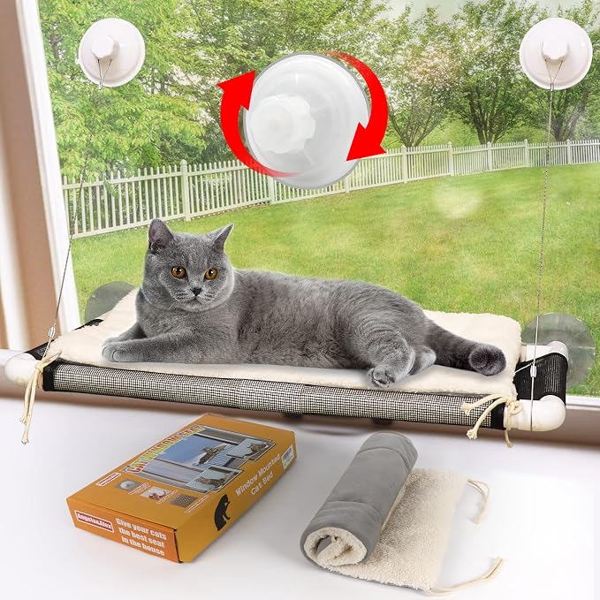 Cat Window Perch, Cat Hammock w/Fleece Blanket, Screw Suction Cups, Brown | Window Bed Holds 2 Large Cats, Sturdy Resting Seat Indoor with One Extra Suction Cup