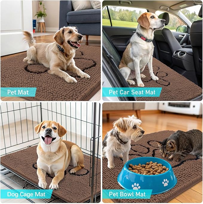 OLANLY Dog Door Mat for Muddy Paws 36x24, Paw Print Design Chenille Mud Mat | Mocha, Absorbent, Traps Moisture and Dirt, Non-Slip Washable Doormat, Quick-Drying Indoor Entryway Floor Carpet for Dogs
