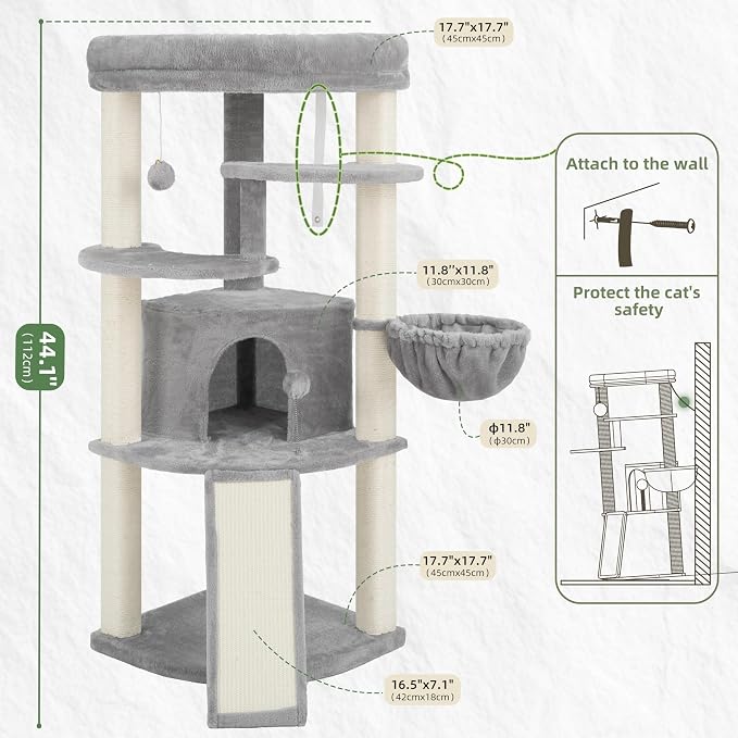 Corner Cat Tree Tower with All Sisal Scratching Posts GCT025W | 44.1" Cat Furniture with Multi-level Cat Condo, Cat Cave, Hanging Basket, Sisal Scratching Ramp for Indoor Cats, Light Gray