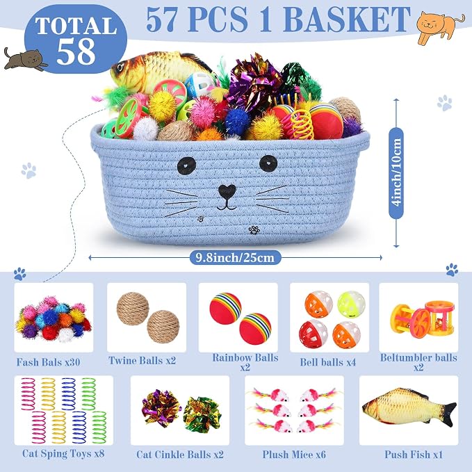 Zopeal 58 Pcs Summer Cat Storage Basket Gift Toys Set, Colorful Flashing Balls Pet Bell Crinkle Balls Spring Toys Attract Cat to Swat, Hunt, Interactive for Pet(Light Blue,9.8 Inch)