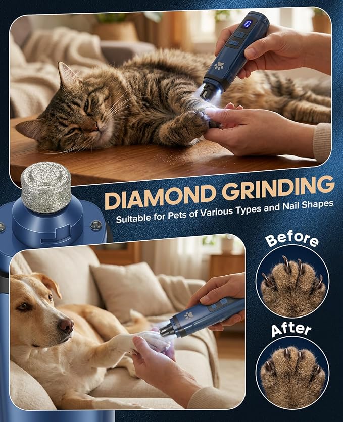 Pet Nail Grinder for Dogs & Cats, 6700 RPM Electric Dog Nail File with 1500mAh Battery & 4H Runtime, with Dual LED Lights, 2-Speed Rechargeable Pet Grooming Kit, Type-C Charging