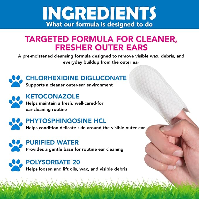 Squishface Ear Wipes – Finger Wipe Dog Ear Itch & Cleaner, 60 Count