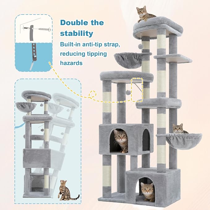Hey-brother Cat Tree Tower with Tiered Padded Platforms, Condos, MPJ084W | 67.3 Inches Multi-Level Cat House with 9 Sisal Scratching Posts, 2 Plush Hammocks, Toy Ball for Indoor Multi-Cats, Light Gray