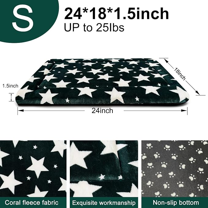 Dog Bed Mat – Soft & Comfortable Dog Kennel Pad for Crate – Durable Crate Bed & Mat for Dogs & Cats – Ideal for Crate, Kennel, and Home Use (Big&Little Stars Green, S(24"*18"*1.5"))